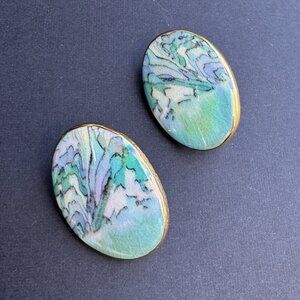 Vintage Oval Ceramic Porcelain Pierced Earrings Hand Painted Pastel Watercolors